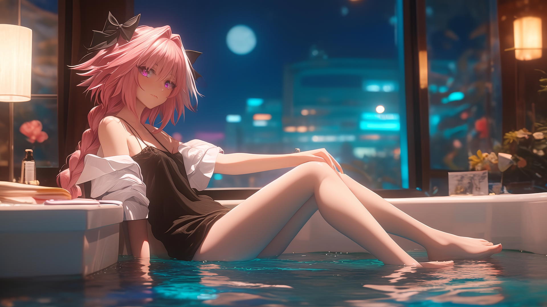 Astolfo from Type Moon rests in a tub with moonlight casting a soft glow.