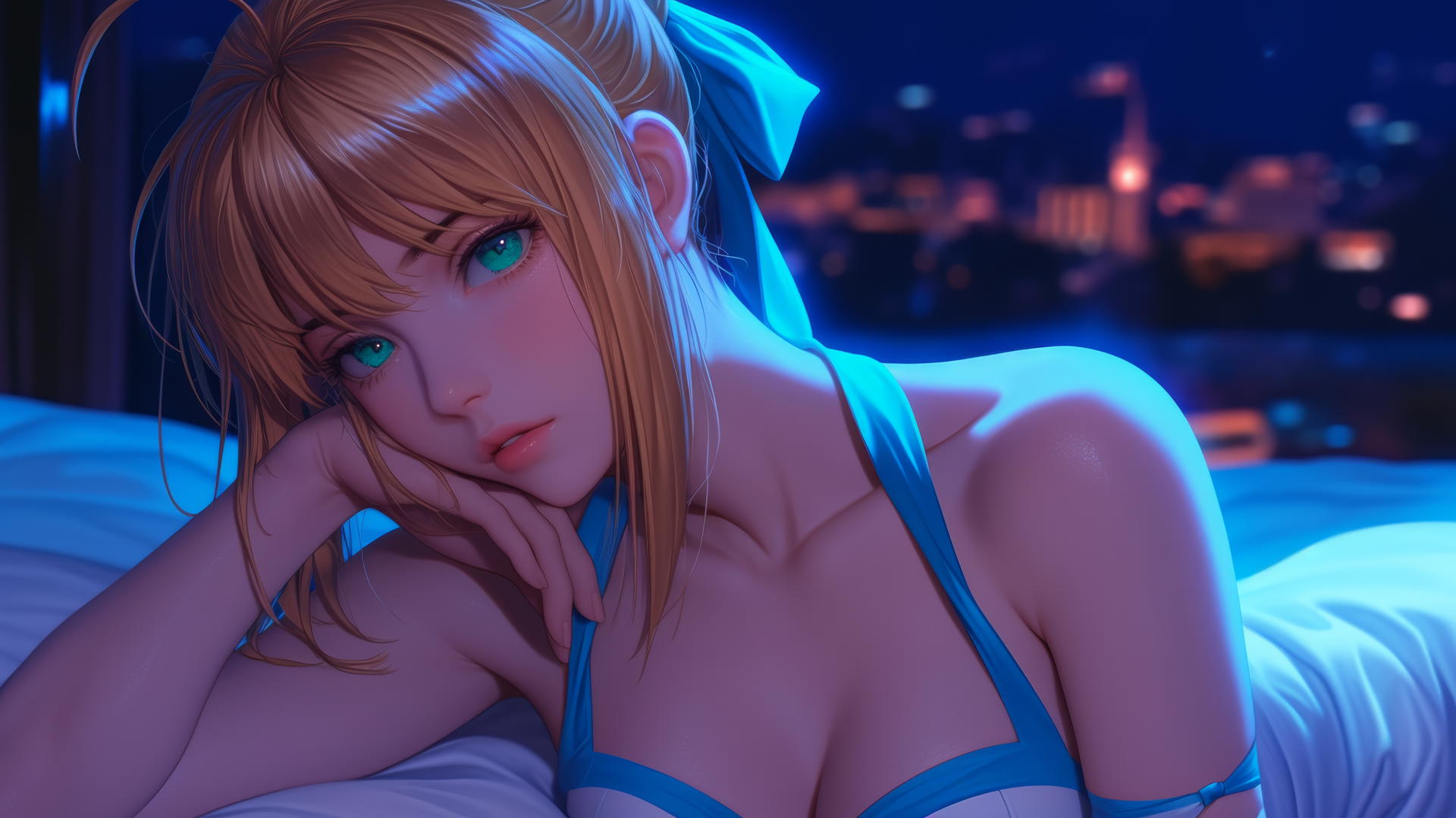 Saber from Fate Zero with green eyes, resting in a modern hotel room under moonlight