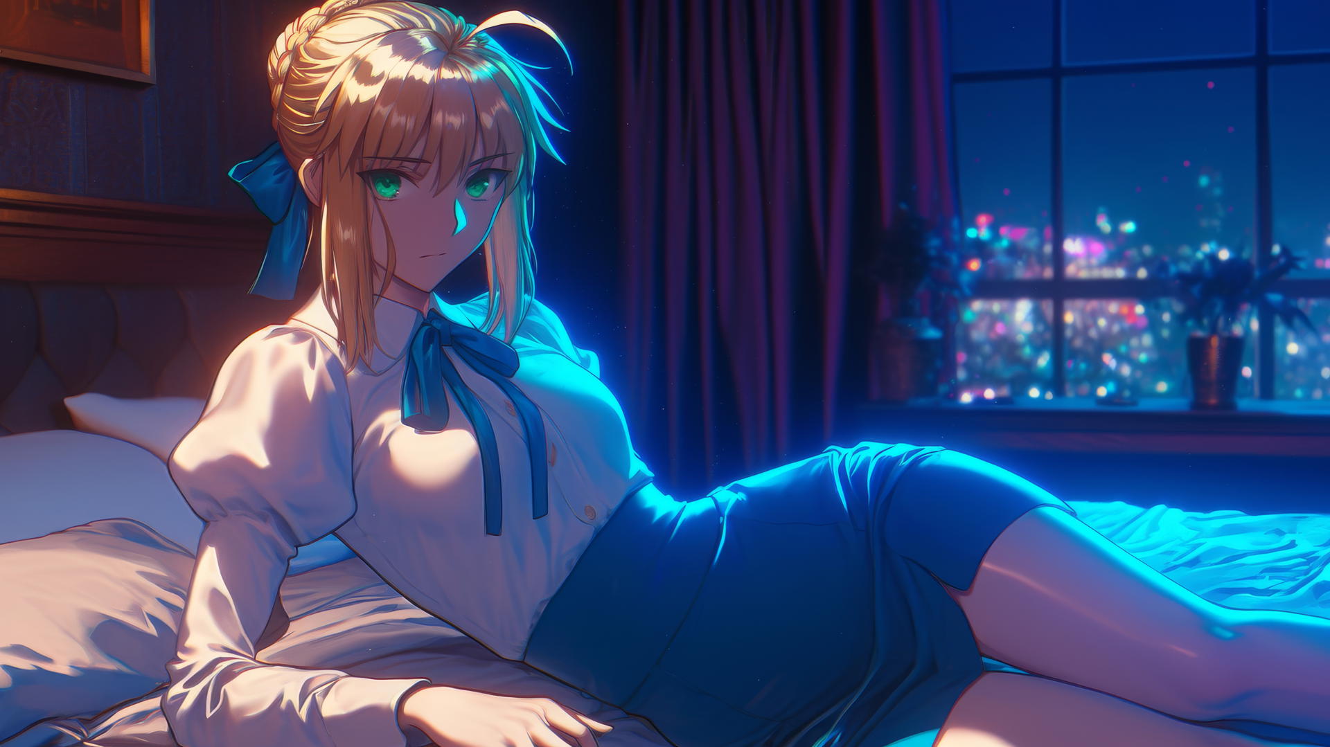 Saber from Fate Zero with green eyes resting in a modern hotel room with moonlight.