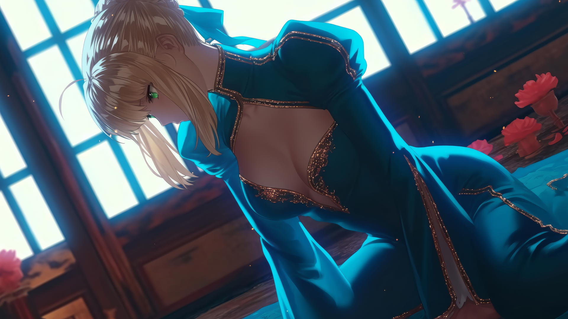 Saber from Fate Zero leaning forward with green eyes in warm light