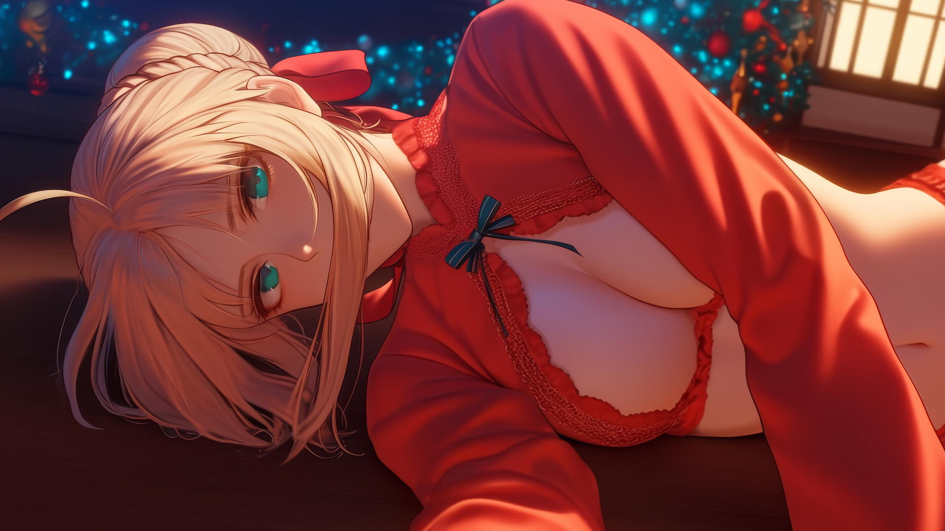 Saber from Fate Zero, in Christmas red, kneeling and leaning towards the viewer with green eyes and a ceiling in the background.