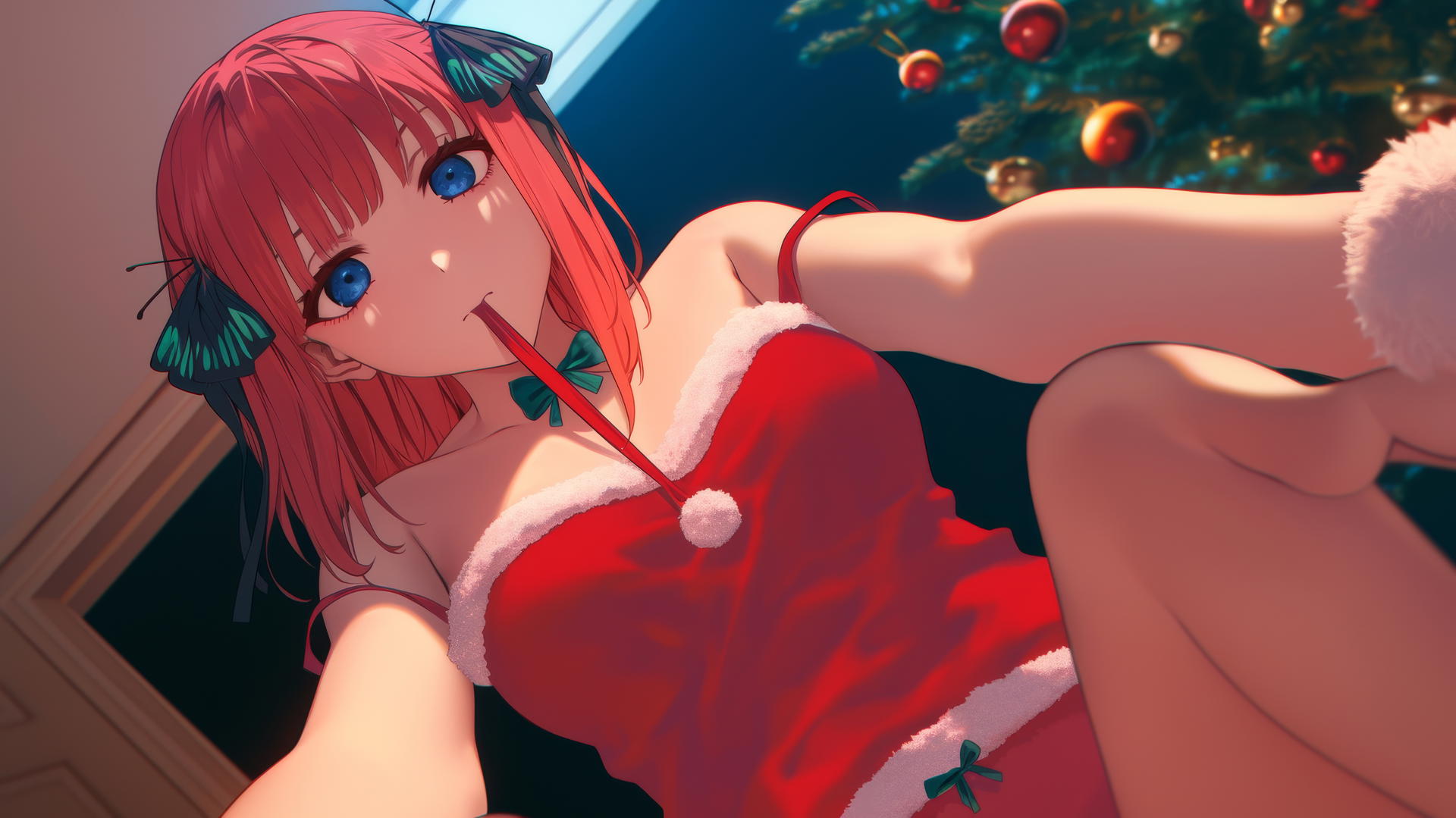 Nino Nakano in Christmas style red, kneeling, dark blue eyes, reddish pink hair, warm light