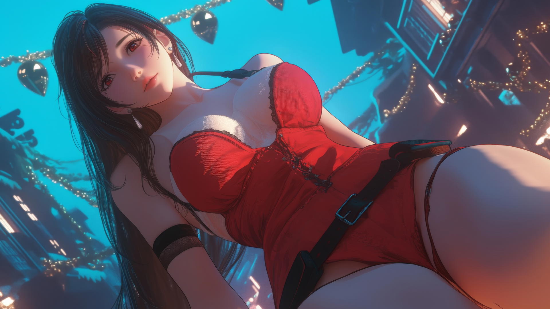 Tifa Lockhart in Christmas attire, kneeling and leaning forward, seen from below with a ceiling background.