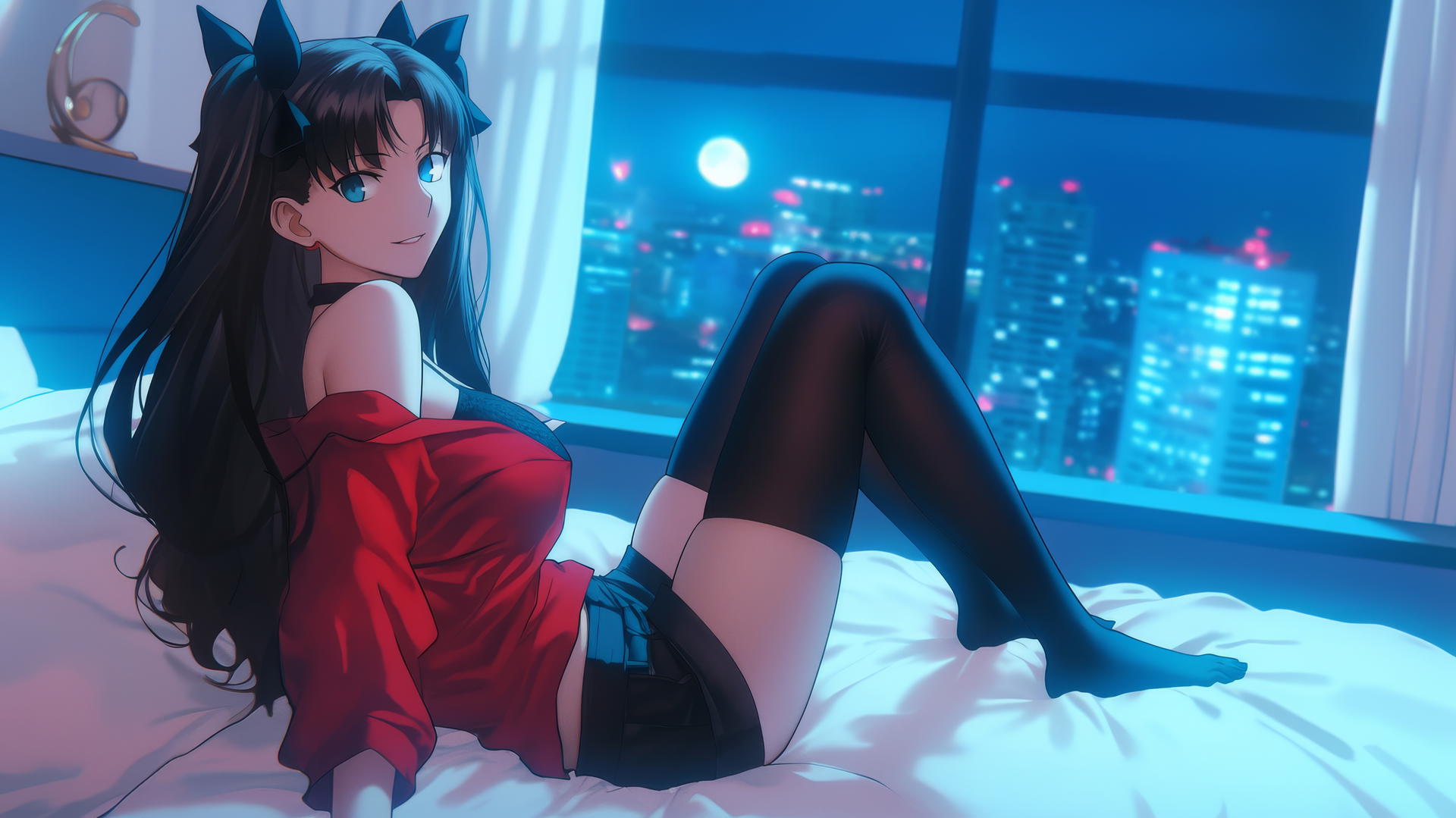 Rin Tohsaka from Fate Stay Night, lying in a modern hotel room with moonlight glow