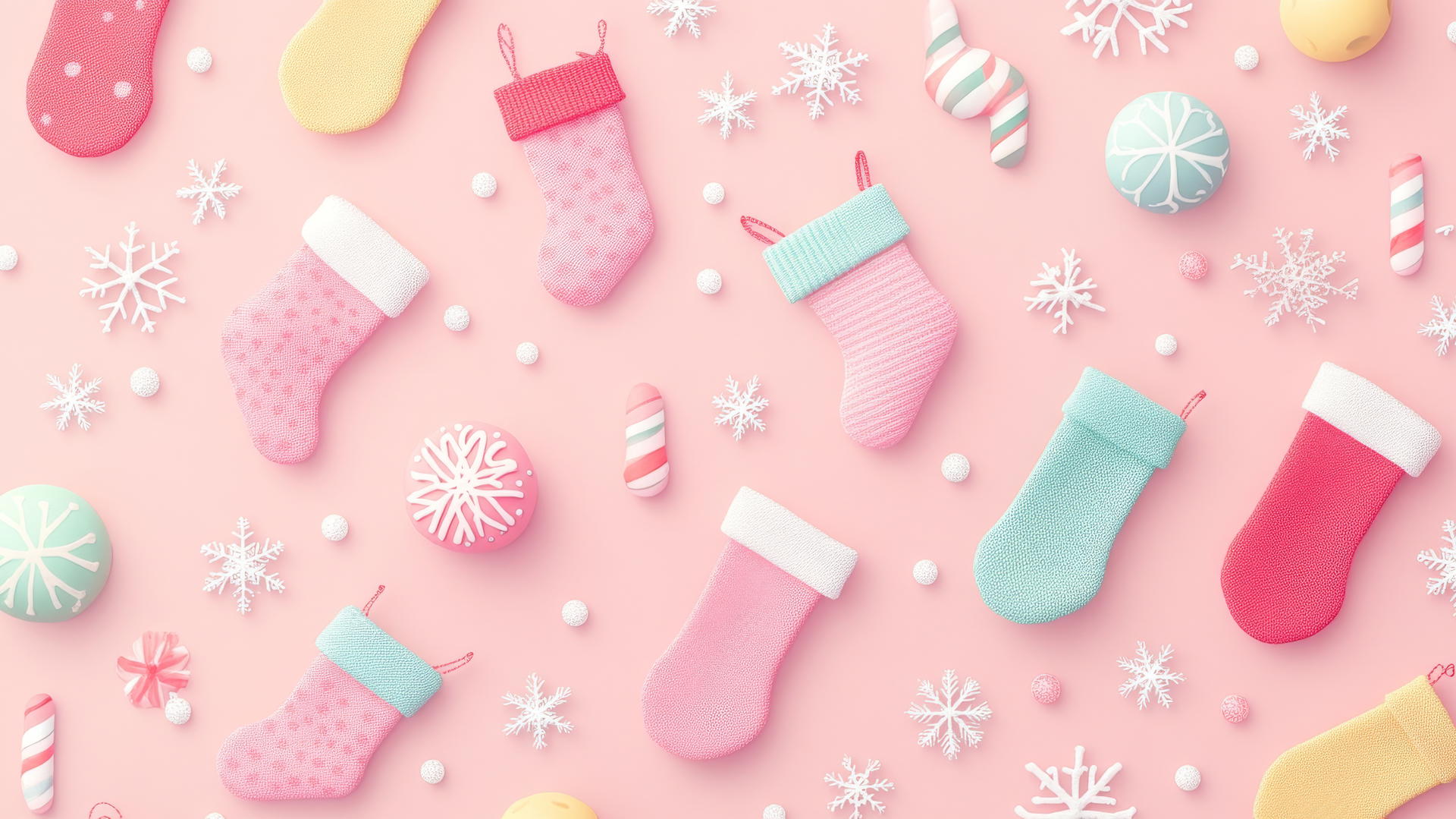 Preppy Christmas stockings and snowflakes on soft pink background