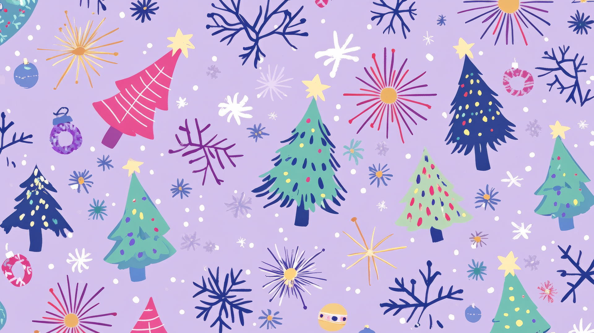Aesthetic preppy Christmas wallpaper with vibrant fireworks and Christmas trees on a pastel purple background