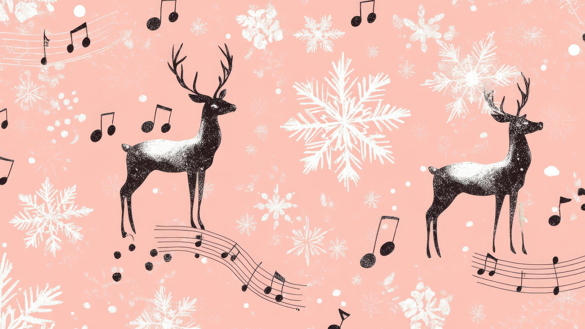 Aesthetic preppy Christmas wallpaper with musical notes, snowflakes, reindeer on pastel pink