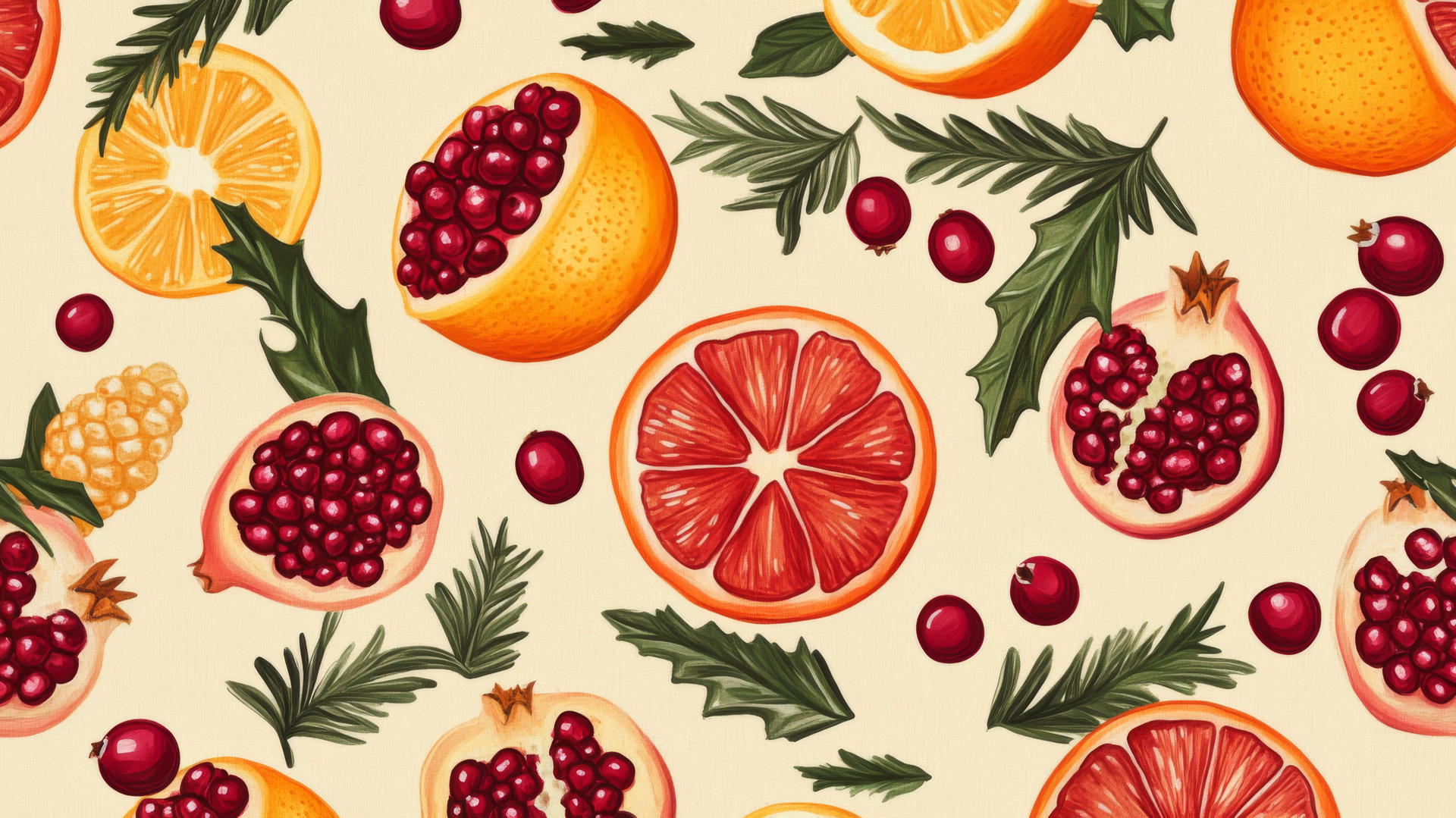 aesthetic preppy Christmas wallpaper with vibrant fruits on beige background