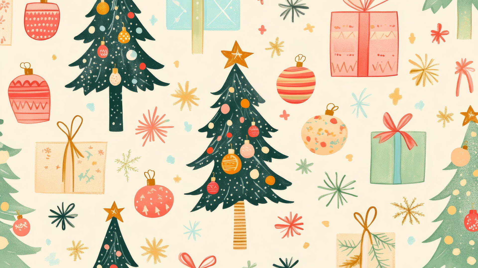 cute preppy Christmas wallpaper with colorful Christmas trees and presents on cream background