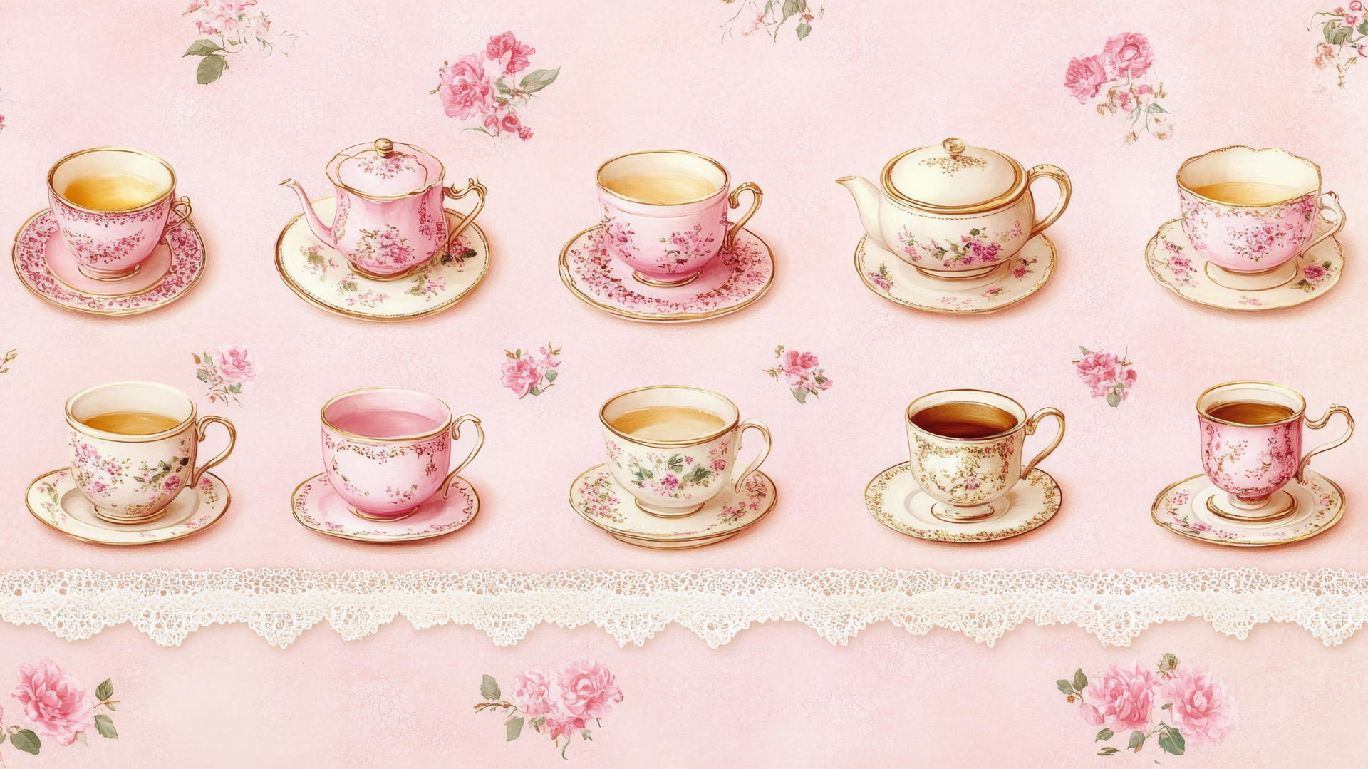 preppy wallpaper pink with floral tea sets and lace borders