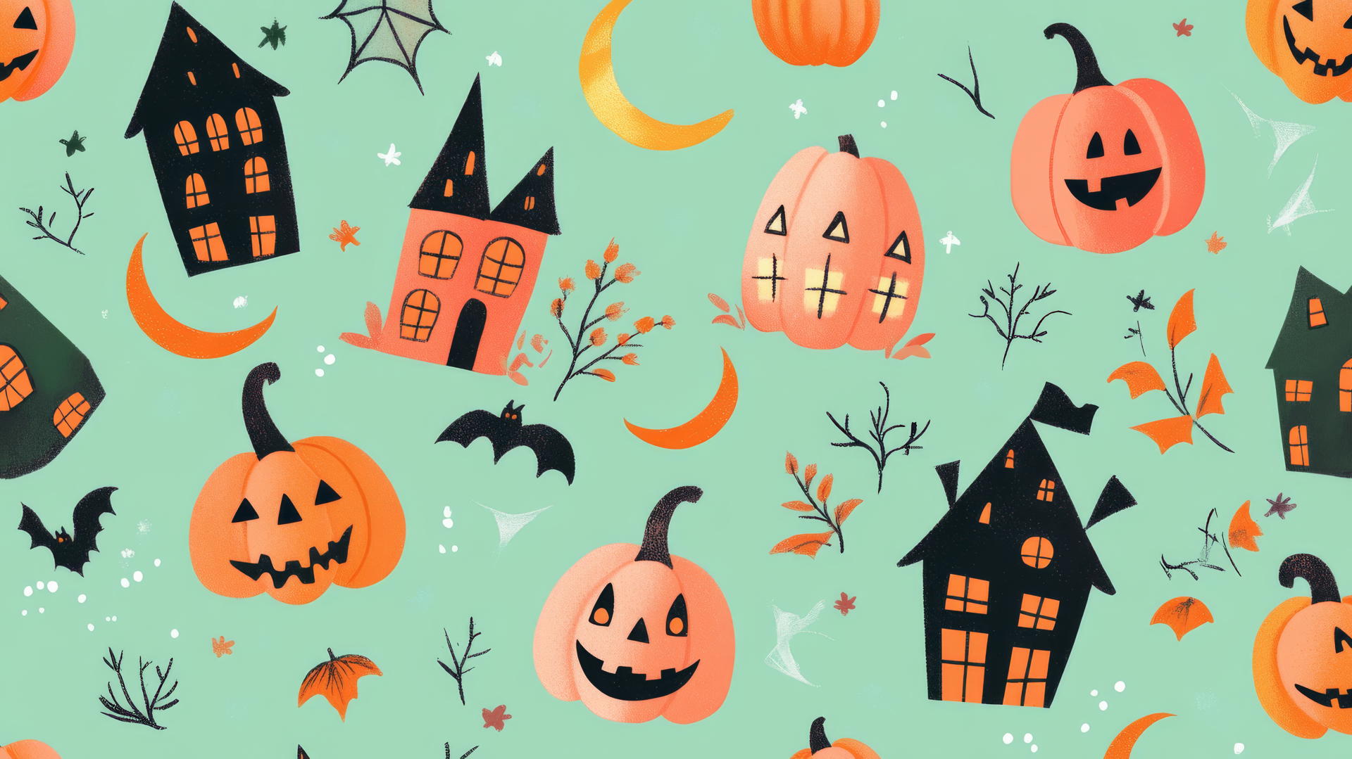 Preppy wallpaper Halloween with playful pumpkins, haunted houses, and crescent moons on pastel mint green