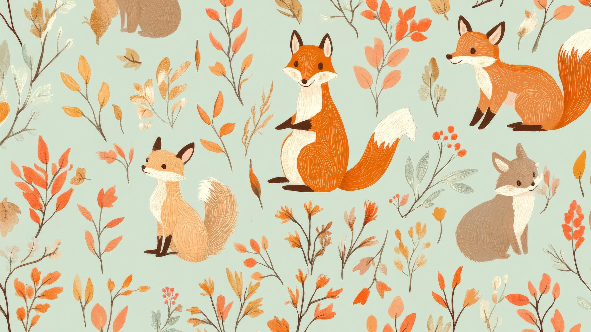 preppy fall wallpaper with hand-drawn foxes, squirrels, and deer in fall foliage on mint green