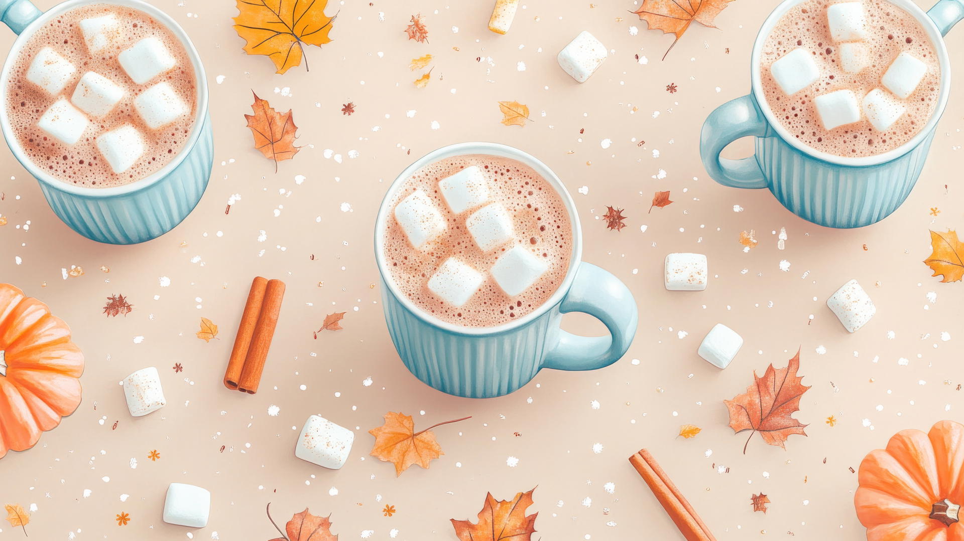 Preppy fall wallpaper with pastel hot cocoa mugs, marshmallows, and cinnamon sticks.