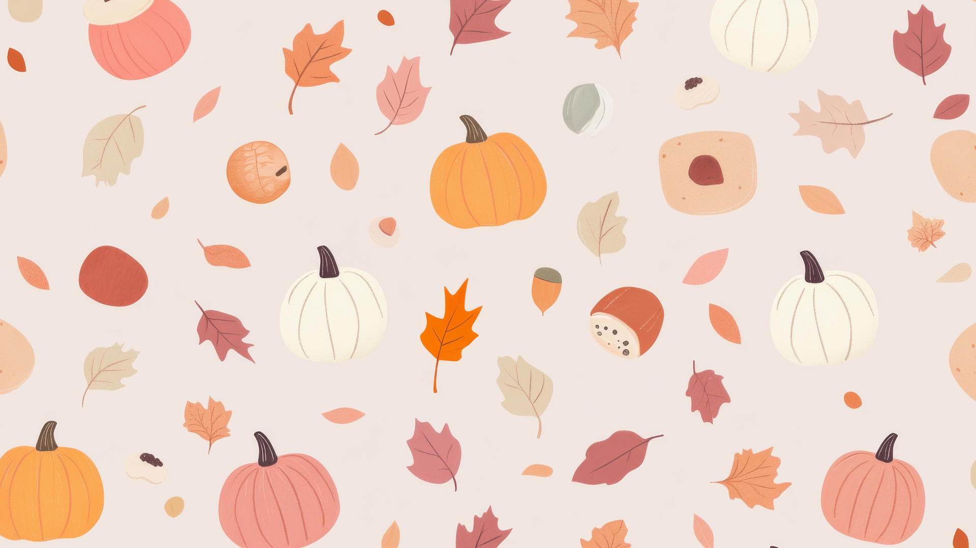seamless preppy fall wallpaper with pastel pumpkins, acorns, and fall leaves on a light lavender background