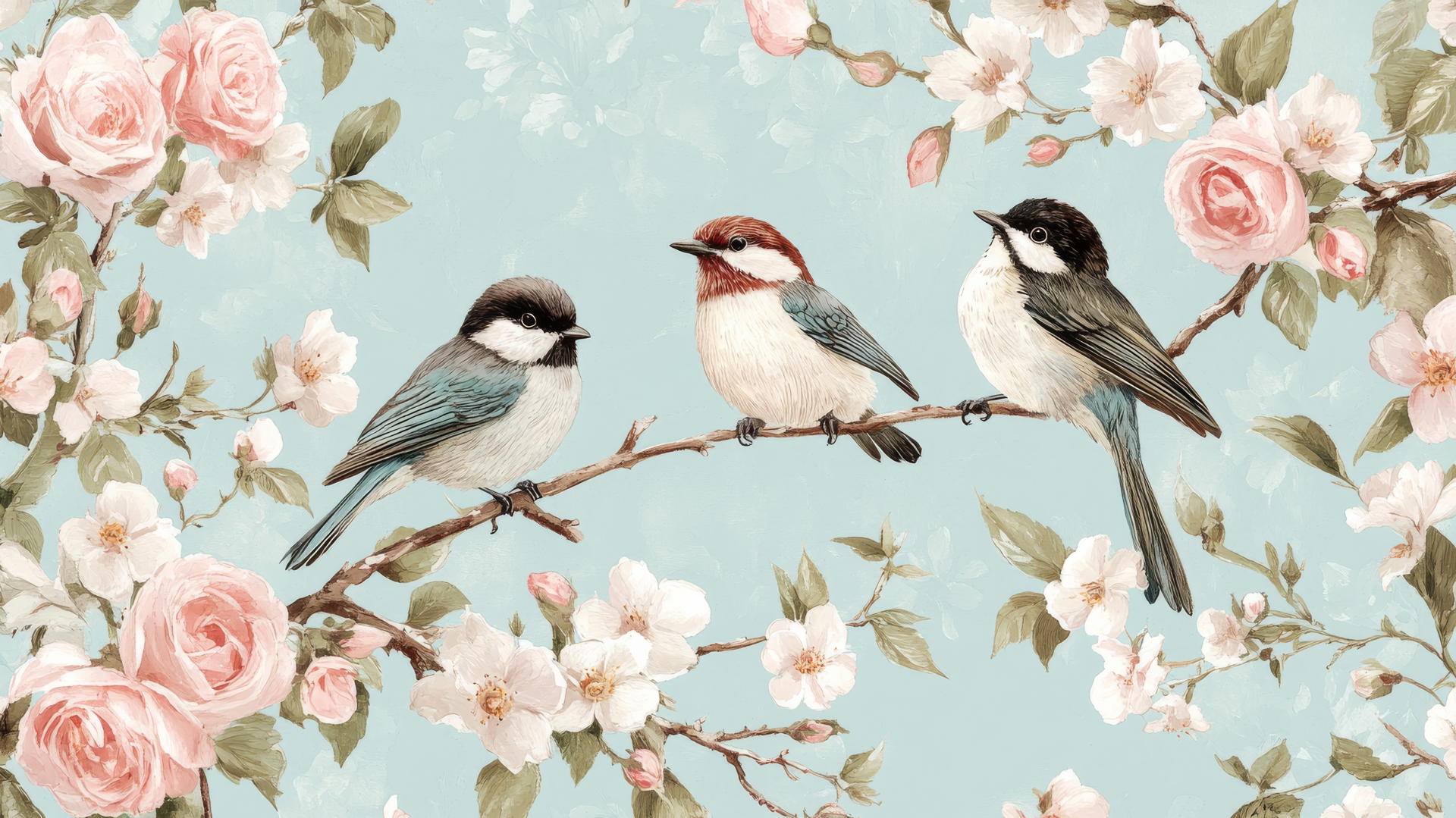 Songbirds on branches with cherry blossoms and roses on a light sky blue background, preppy spring wallpaper