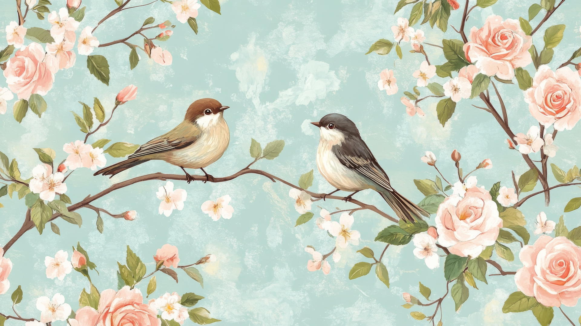 Preppy spring wallpaper with songbirds on branches, cherry blossoms, and roses.