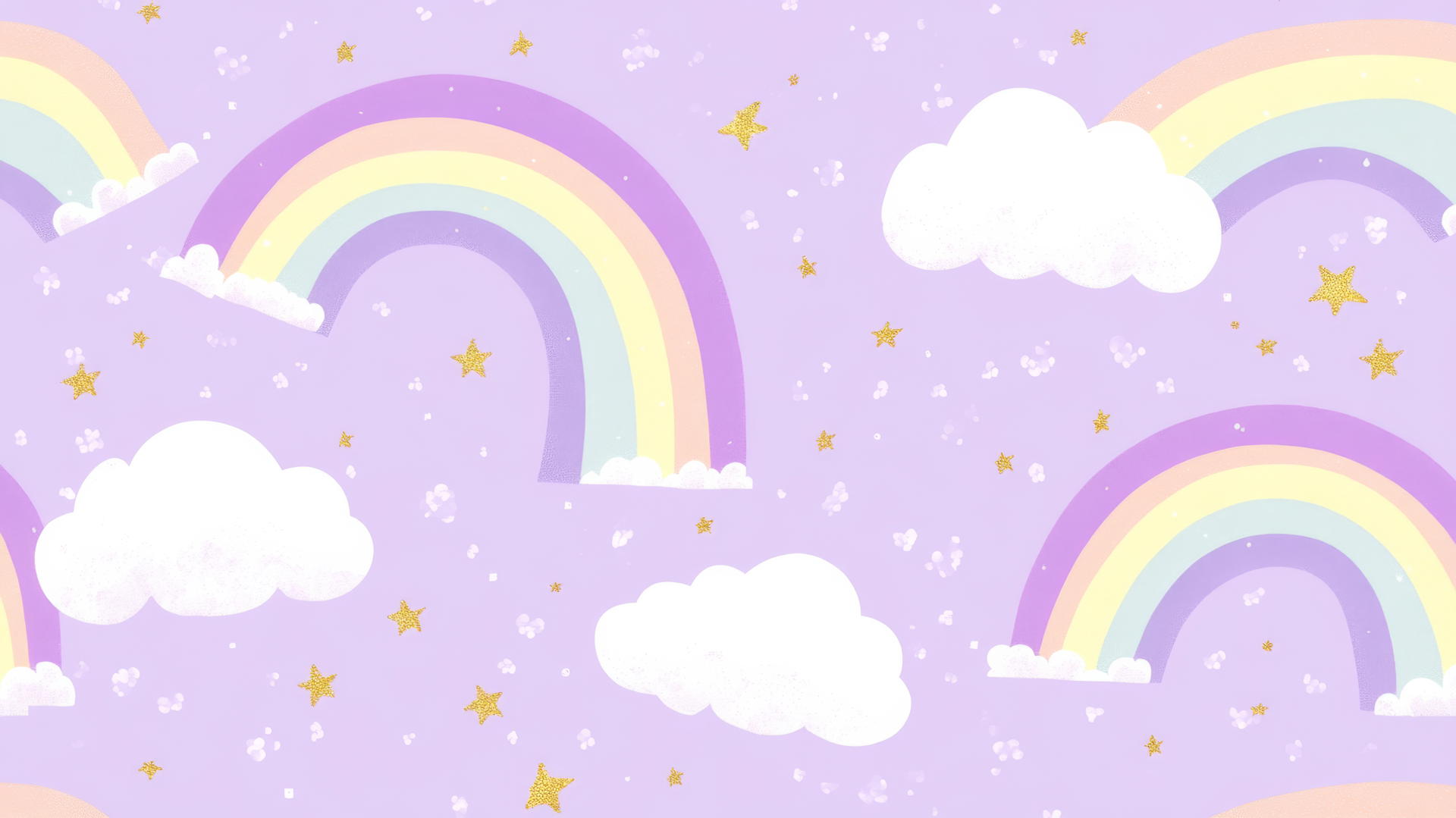 Preppy wallpaper purple with pastel rainbows, white clouds, and golden stars