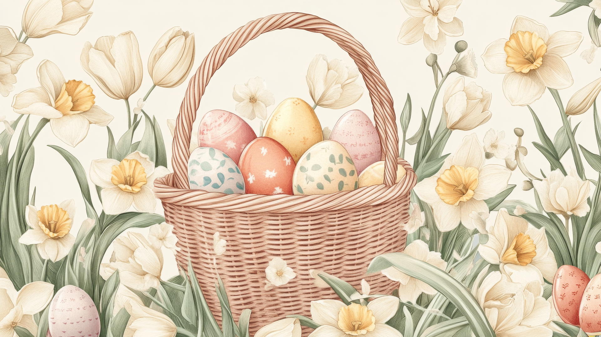 preppy Easter wallpaper with stylish baskets, colorful eggs, blooming tulips and daffodils in pastel palette