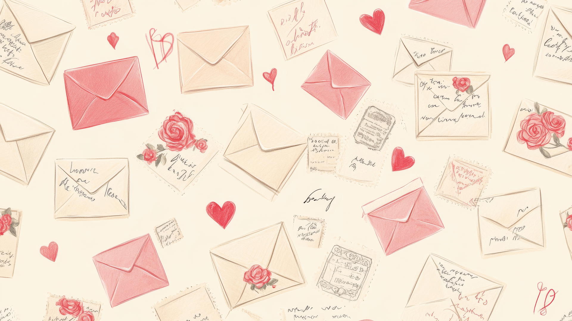 preppy valentines wallpaper with hand-drawn envelopes, love letters, red and pink hearts, and floral stamps on a cream background