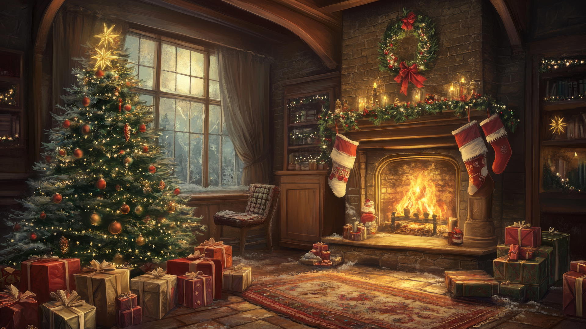 cute wallpapers for Christmas: cozy Christmas scene with decorated tree and fireplace