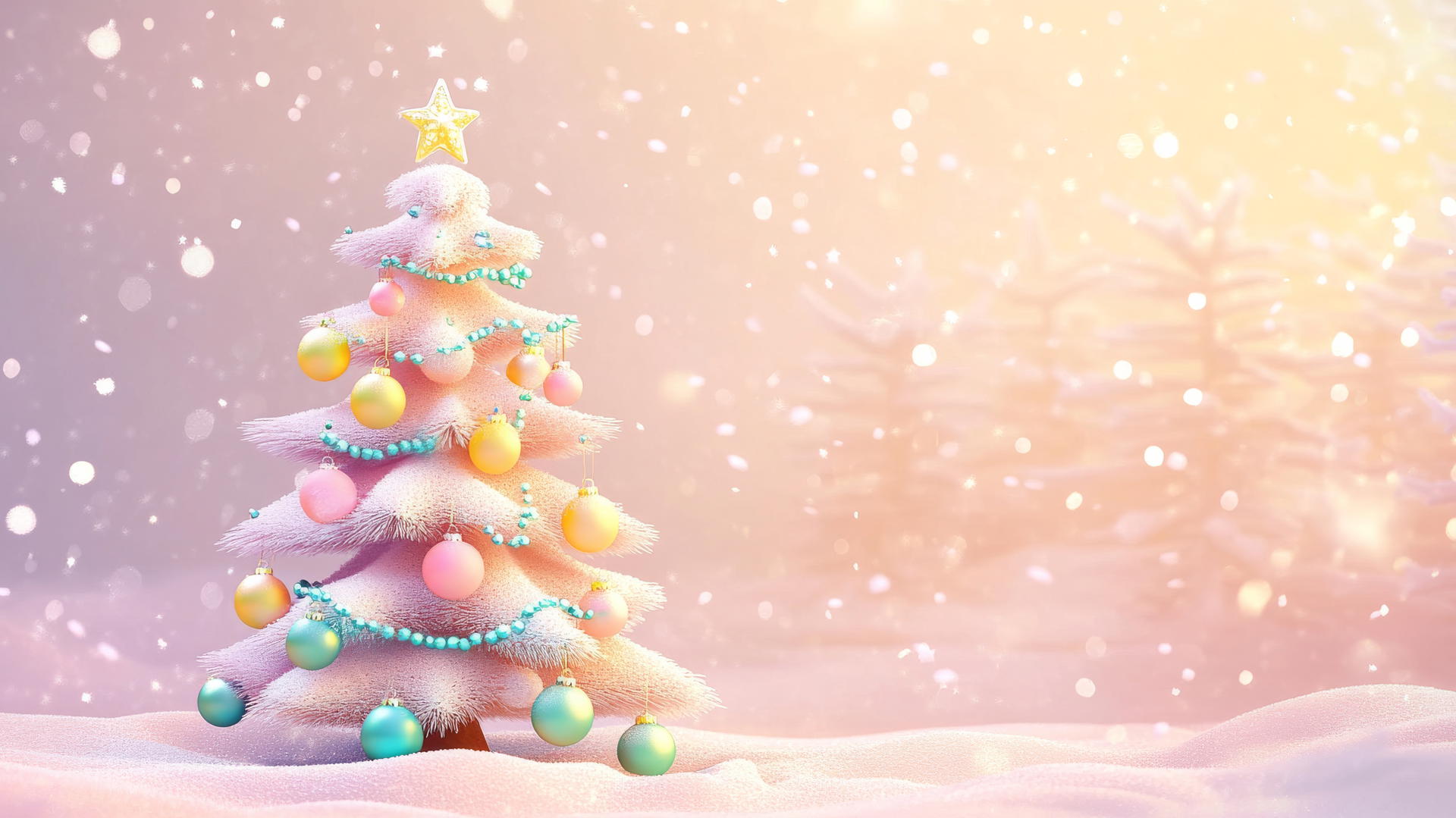 cute wallpapers for christmas featuring a cartoon Christmas tree with pastel ornaments