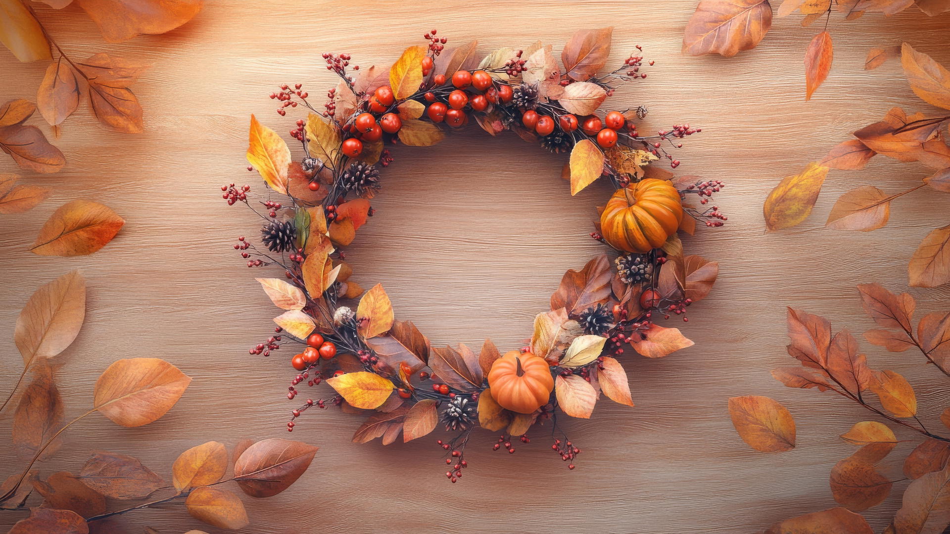 cute fall aesthetic wallpapers with autumn wreath of leaves, berries, pumpkins