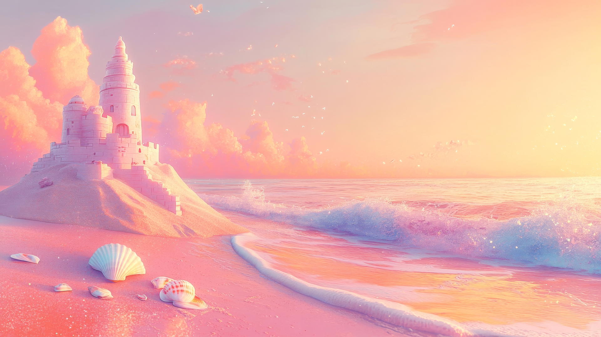 dreamy pastel beach with cute sandcastle and soft sunset, cute wallpapers for girls aesthetic