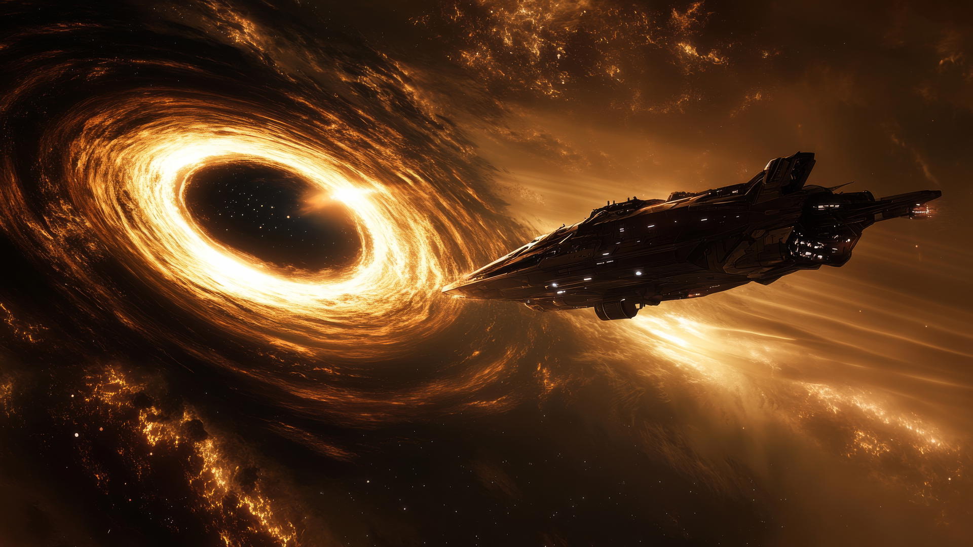 sci-fi black hole wallpaper with a spaceship near a black hole