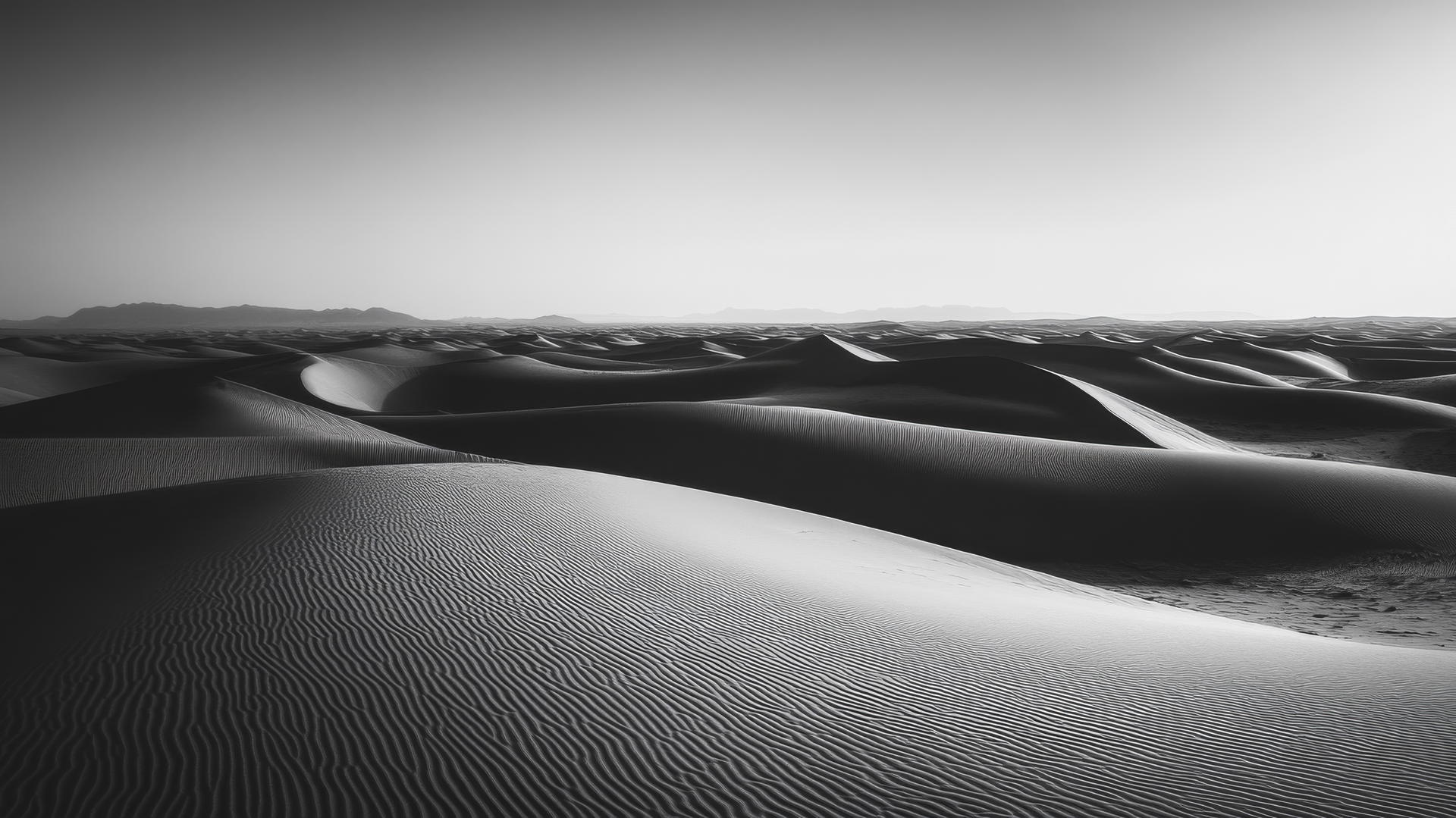 black and white wallpaper of a desert landscape with rolling sand dunes and shadows