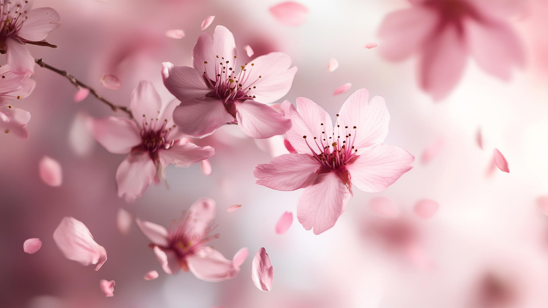 nature aesthetic wallpaper of cherry blossoms in full bloom with falling petals