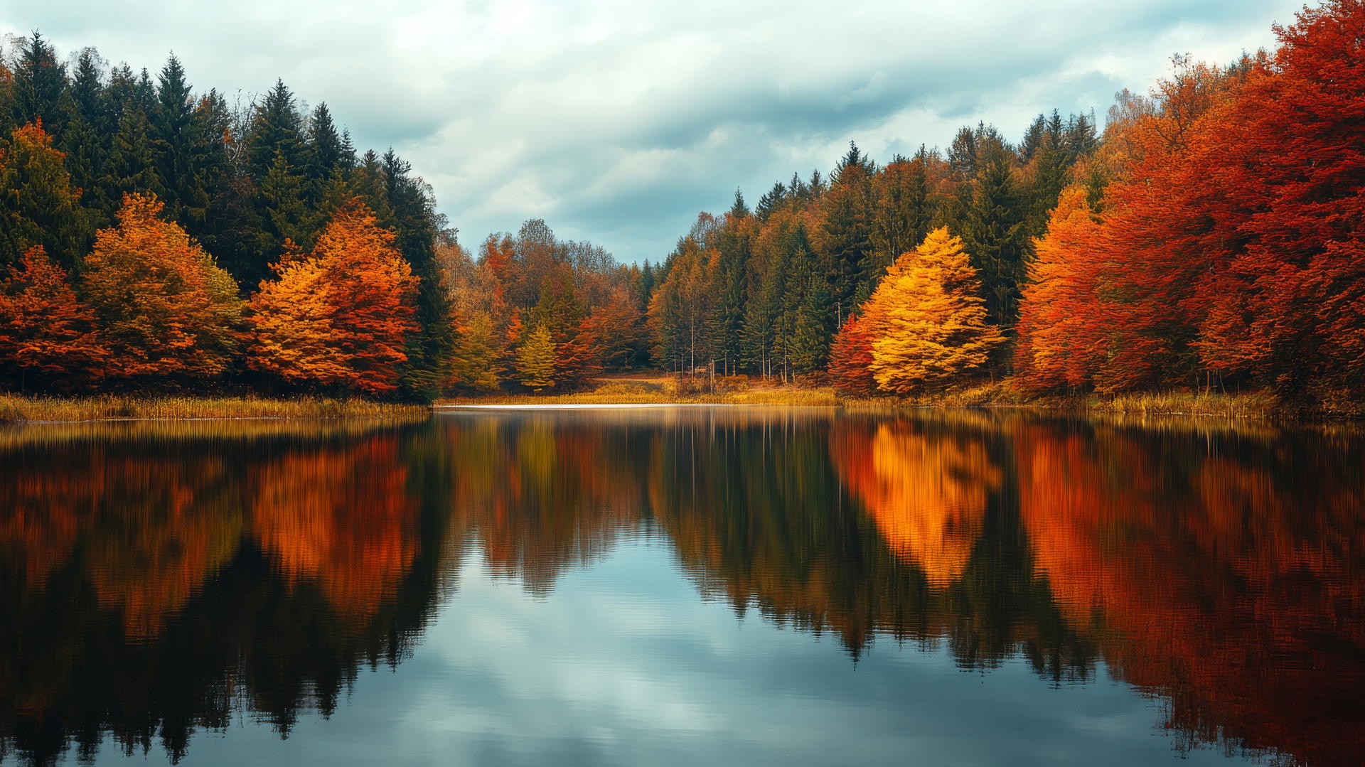 beautiful nature wallpaper 4k, peaceful lake with autumn trees reflection
