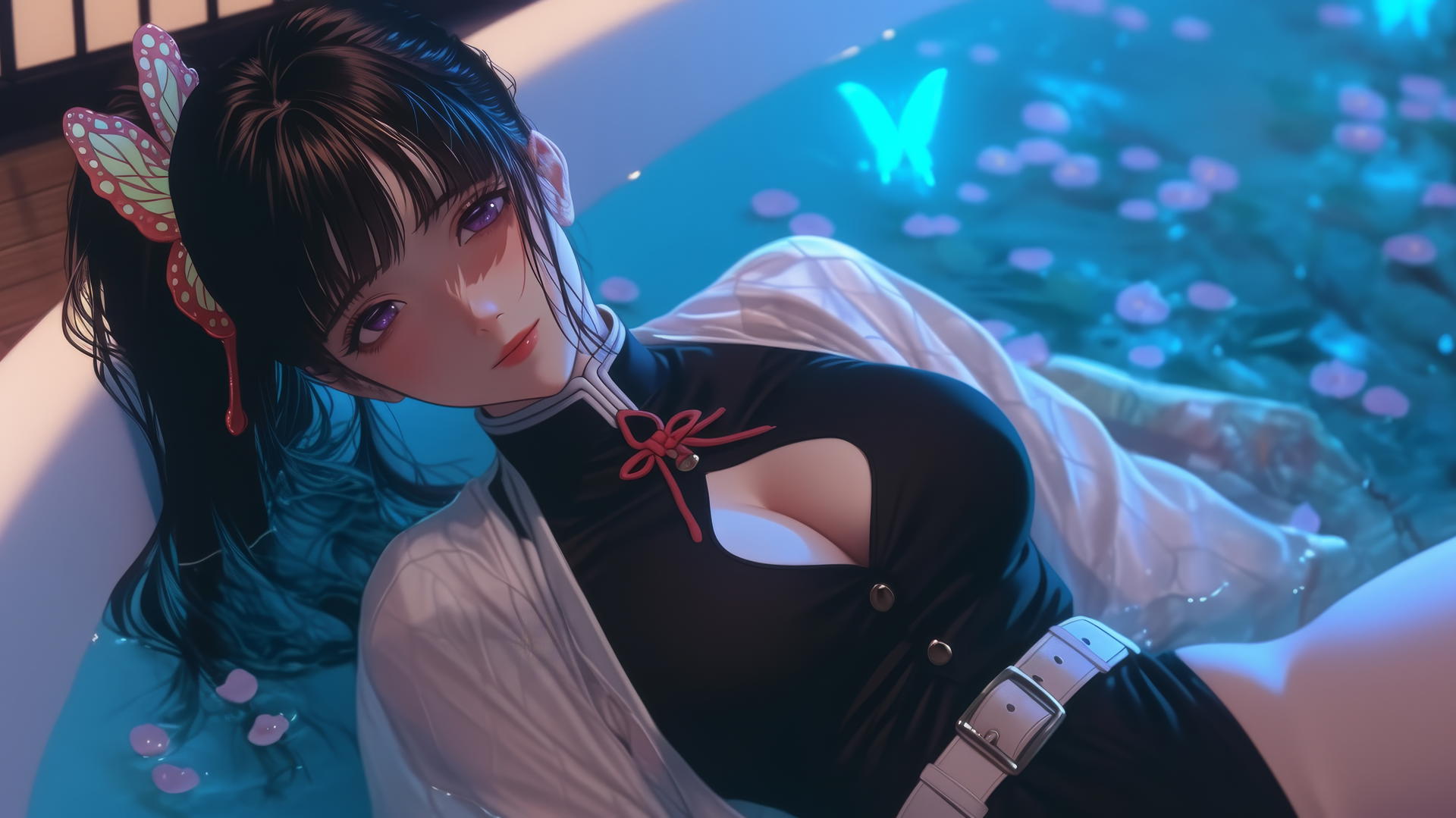 Kanao Tsuyuri from Demon Slayer resting in a modern apartment tub with warm light.
