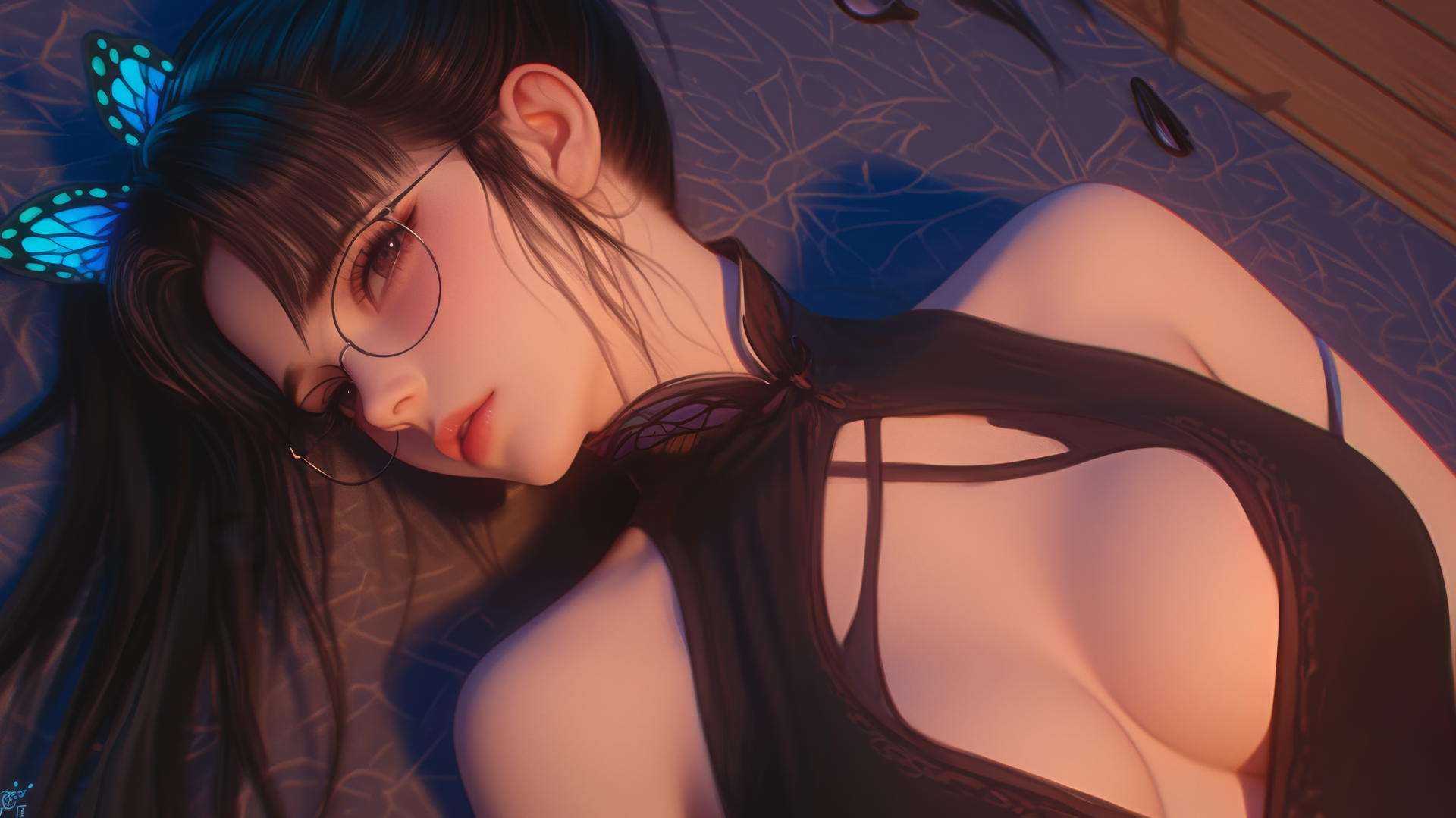 Kanao Tsuyuri from Demon Slayer resting in a tub, soft glowing light, butterfly ornament.