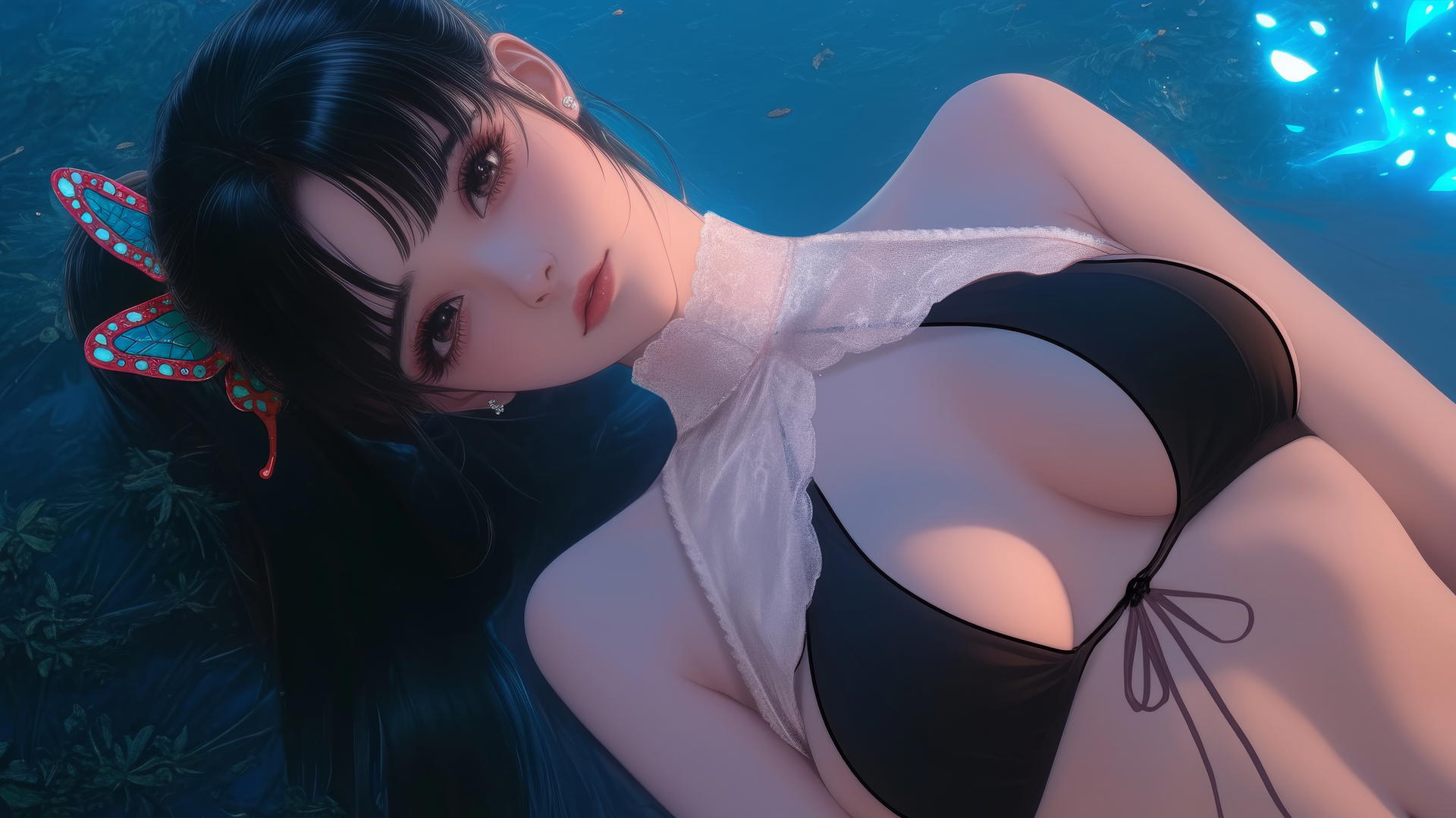 Kanao Tsuyuri from Demon Slayer looking down with warm light on her figure and legs.