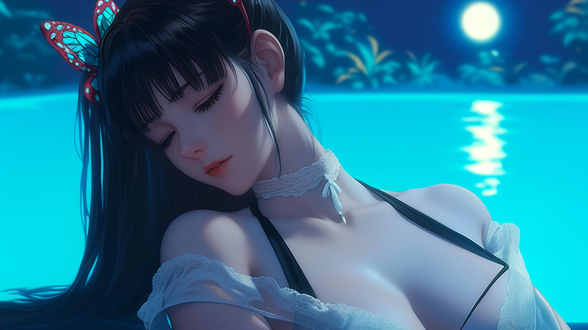 Kanao Tsuyuri resting by a swimming pool under moonlight, wearing a butterfly ornament.