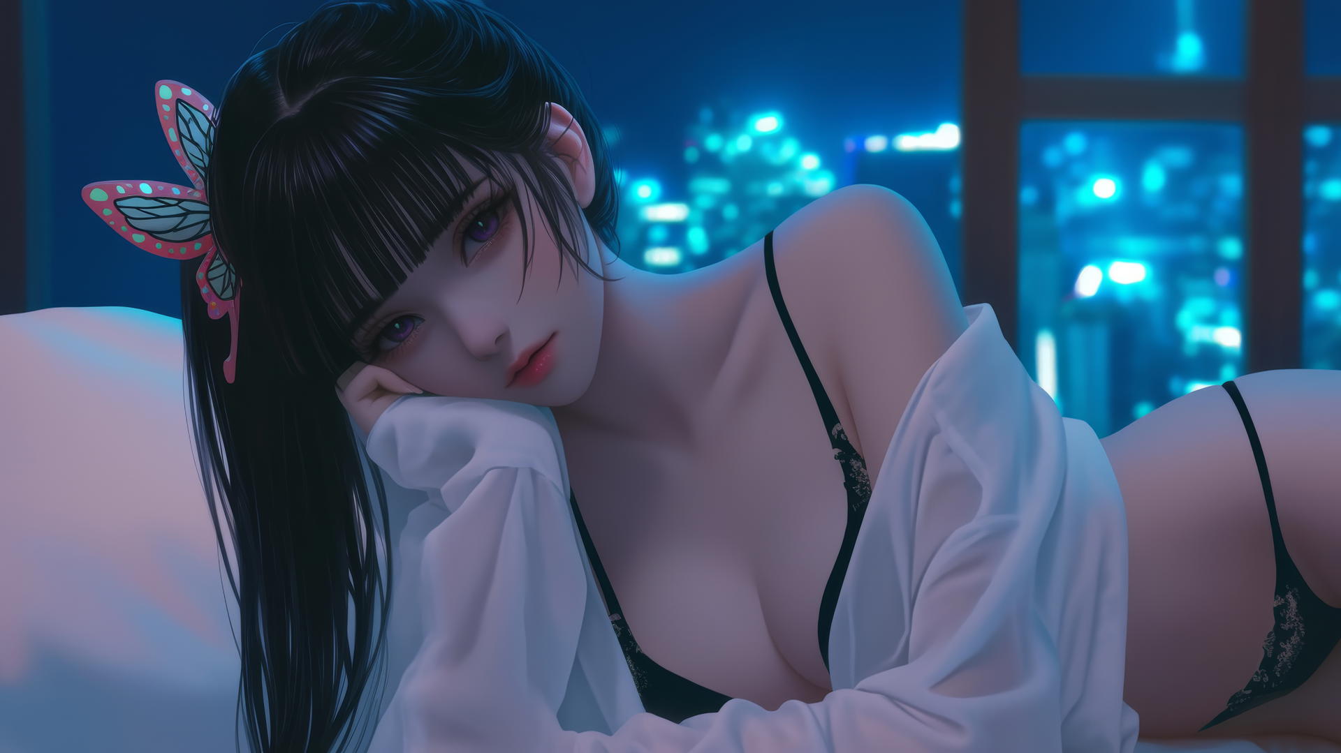 Kanao Tsuyuri from Demon Slayer relaxing in a modern hotel room, thigh focus, warm light