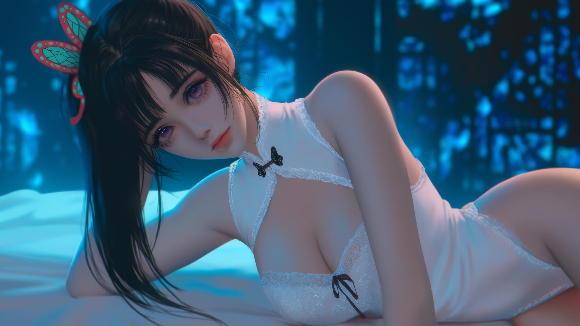 Kanao Tsuyuri kneeling, seen from below, glowing warm light on her figure.