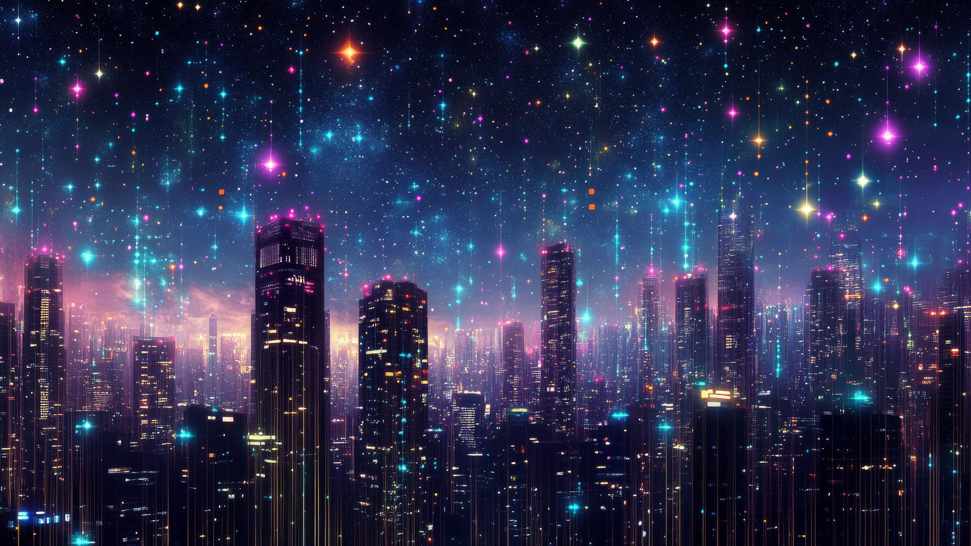 Y2K star wallpaper with a digital city skyline under a neon starry sky