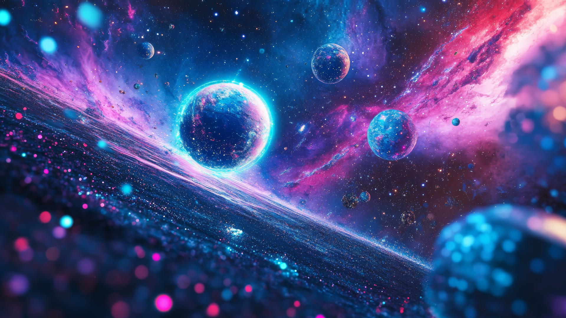 Y2K star wallpaper with neon star clusters, pixelated planets, and holographic comets