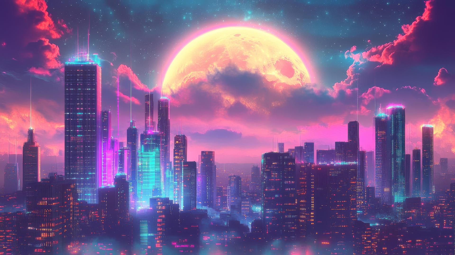 futuristic Y2K wallpaper with digital city skyline, holographic skyscrapers, pixelated clouds, neon lights, glowing full moon