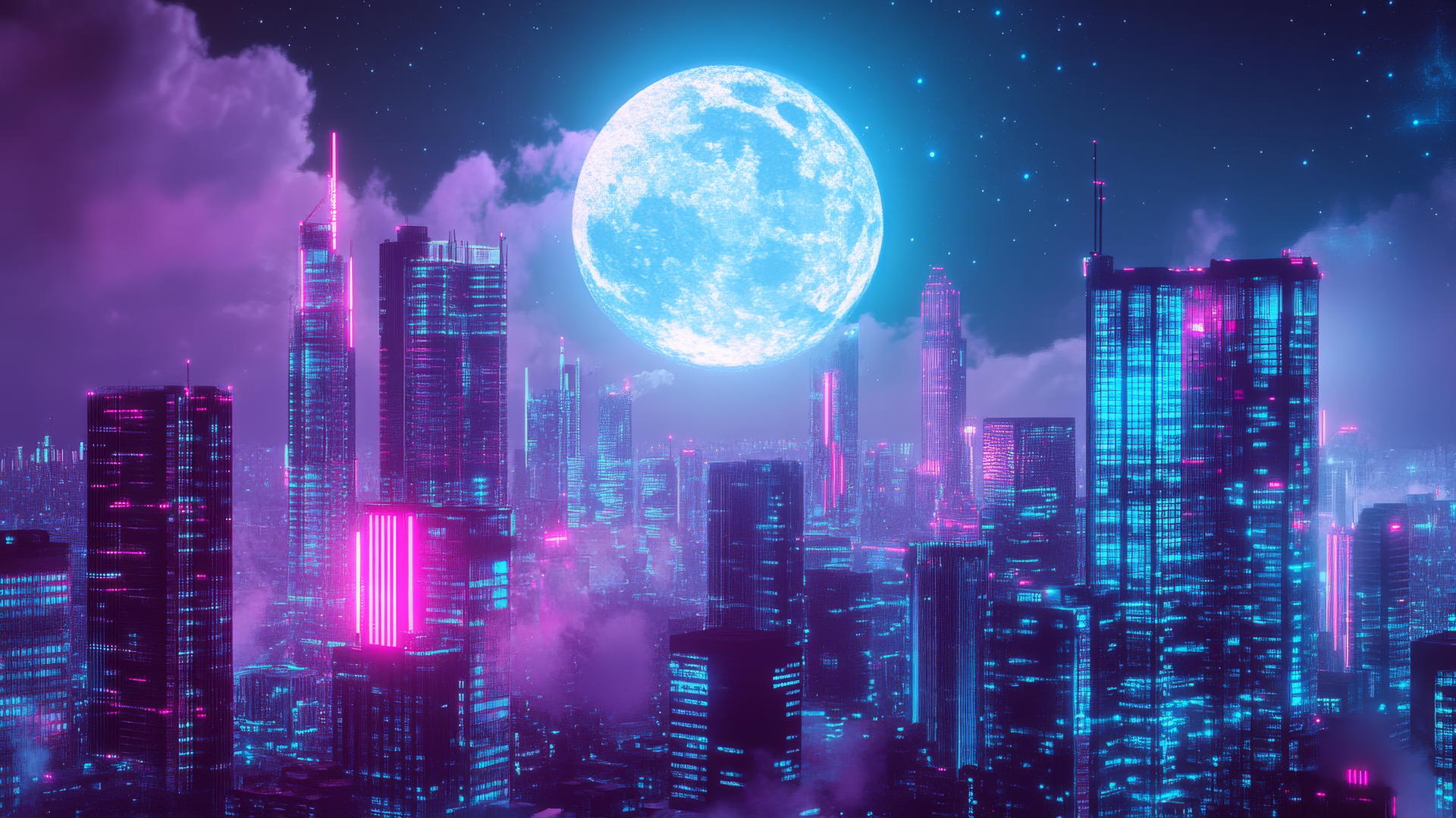 wallpaper y2k with digital city skyline, holographic skyscrapers, pixelated clouds, and neon lights under a full moon
