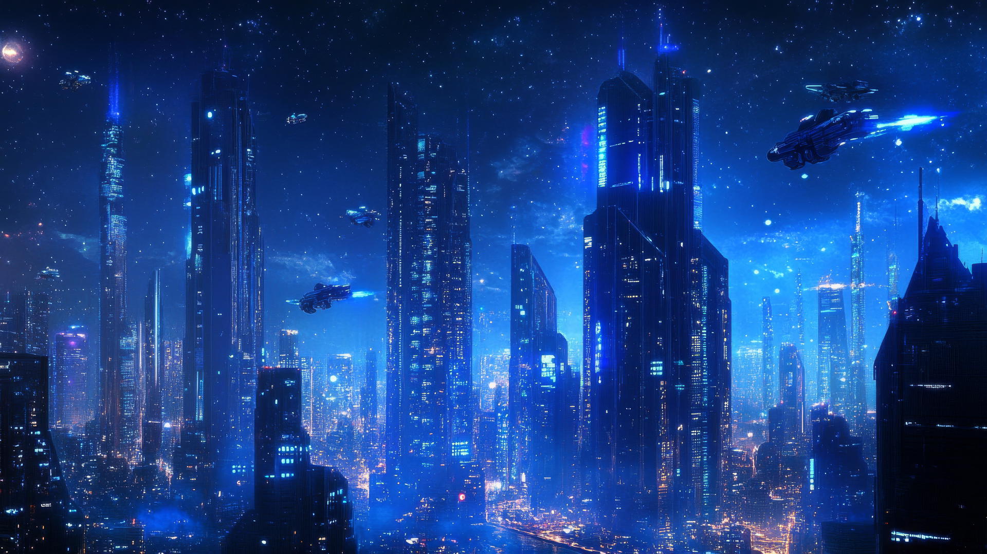 Blue wallpaper of a futuristic cityscape bathed in blue neon lights with skyscrapers.