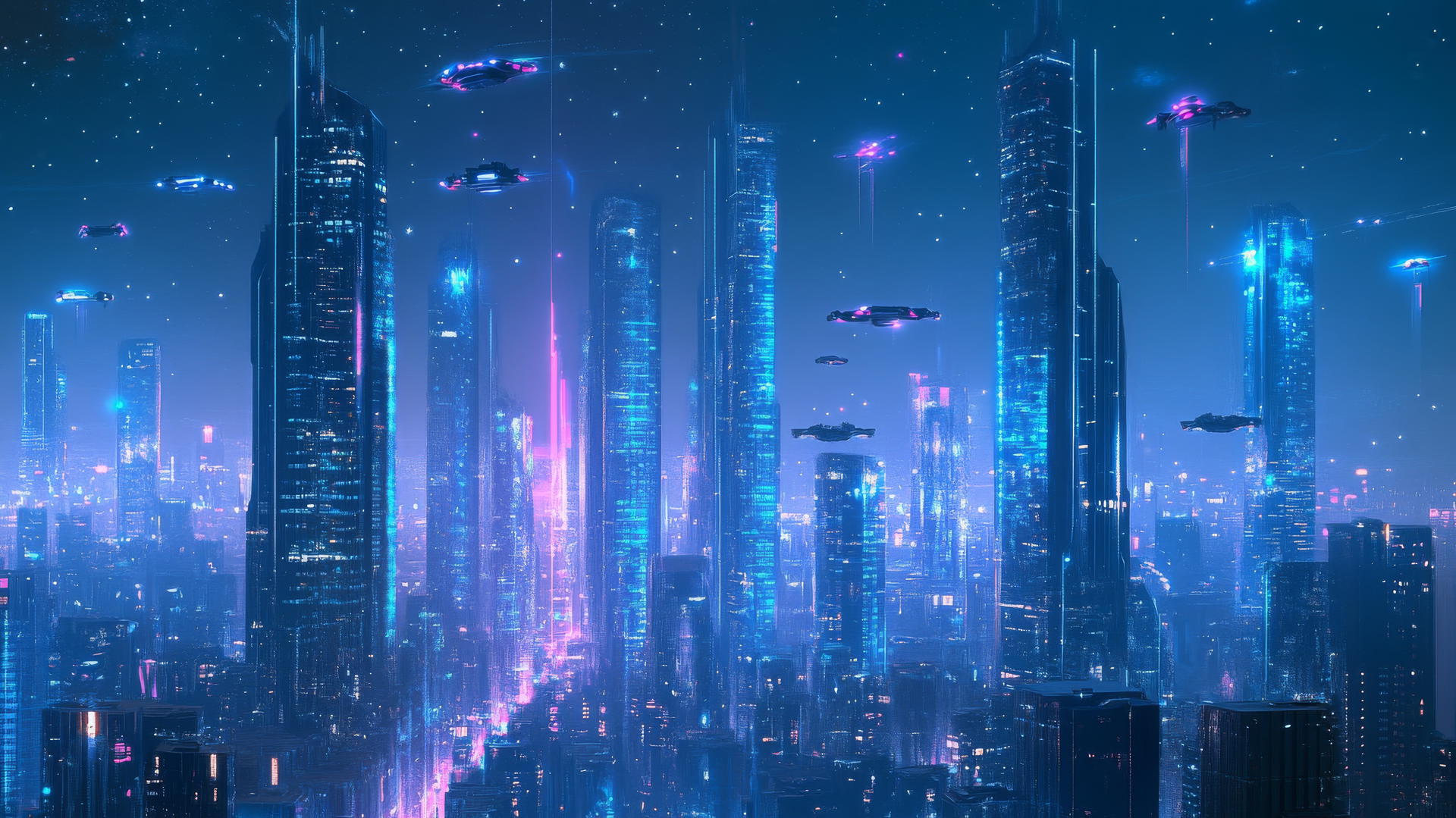 Futuristic cityscape with blue neon lights and flying vehicles against a starry night sky. Blue wallpaper.