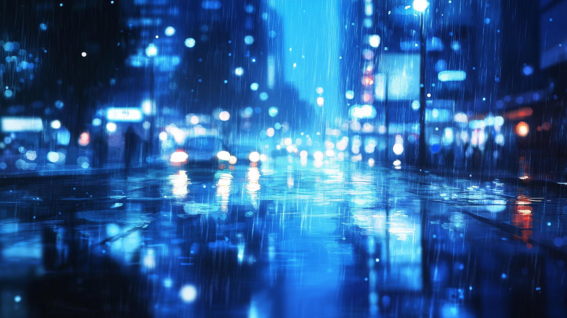 wallpaper blue city street with reflections and rainy ambiance