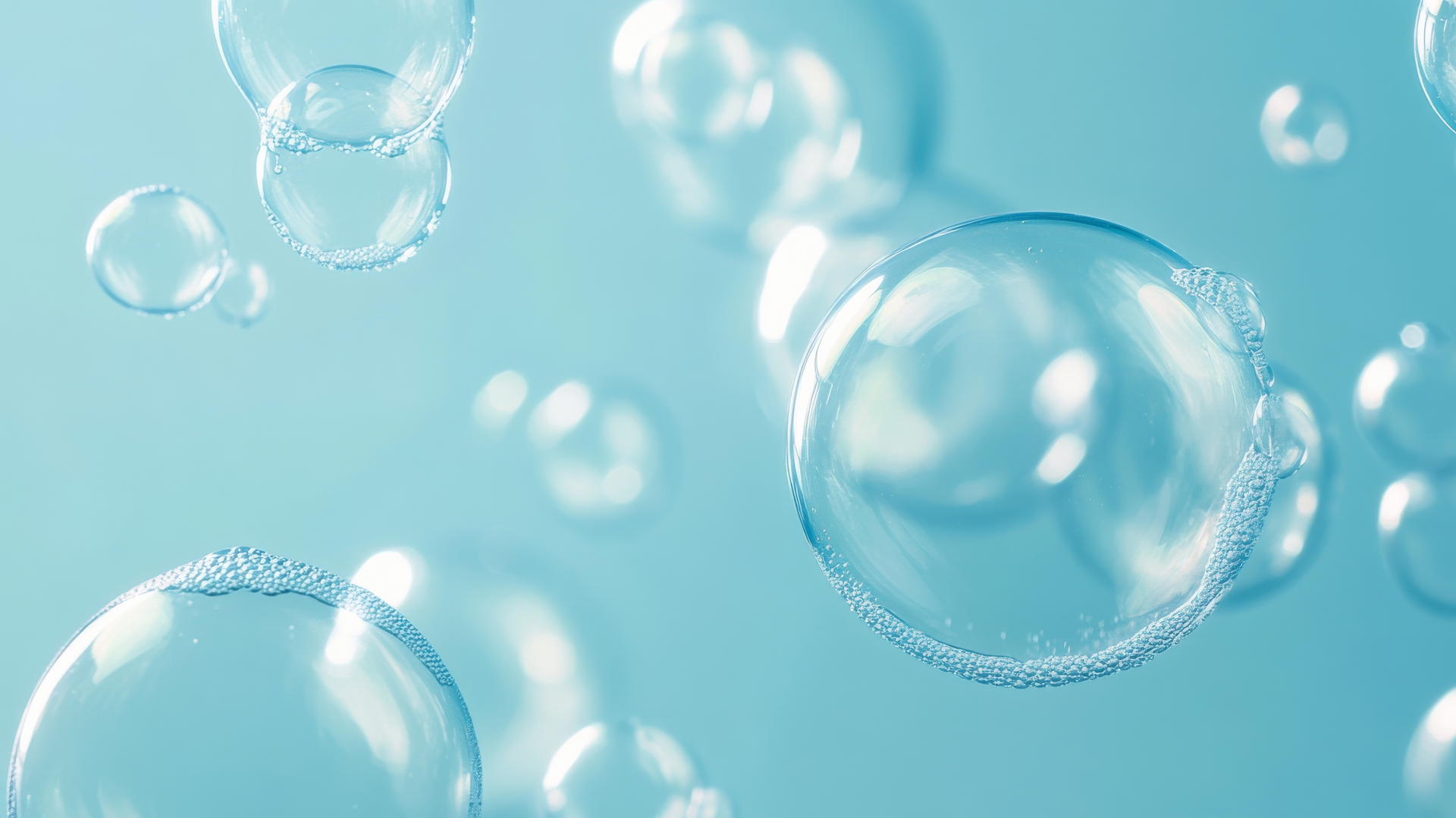 baby blue wallpaper with floating soap bubbles reflecting soft blue hues