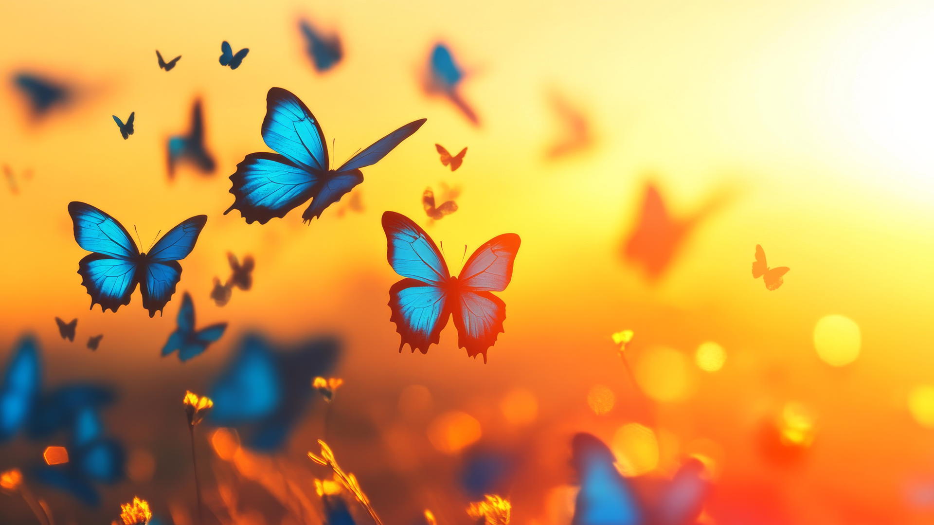 blue butterfly wallpaper with silhouettes against a warm sunset sky