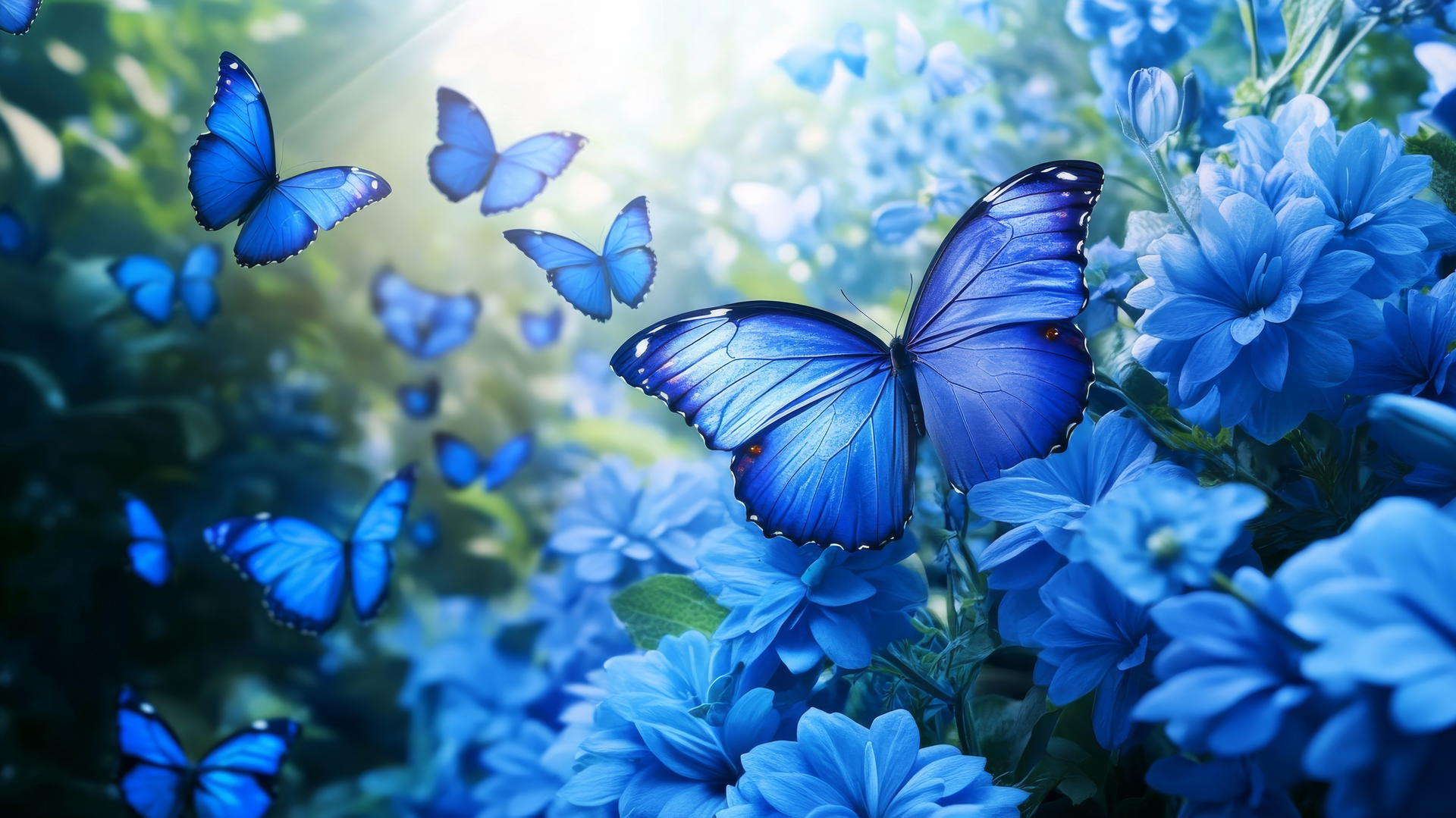Blue butterfly wallpaper with vibrant blue flowers and sunlight filtering through.