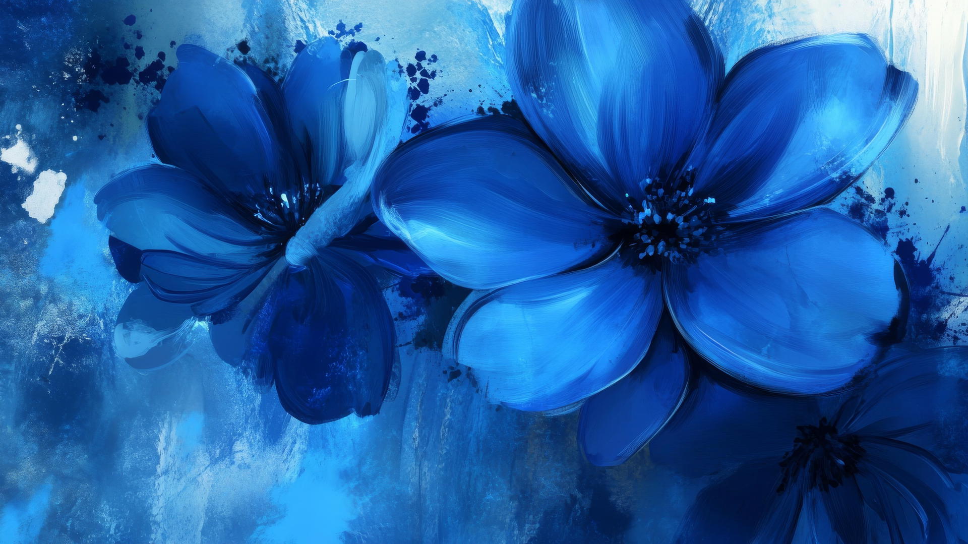 blue floral wallpaper with abstract art and bold brushstrokes