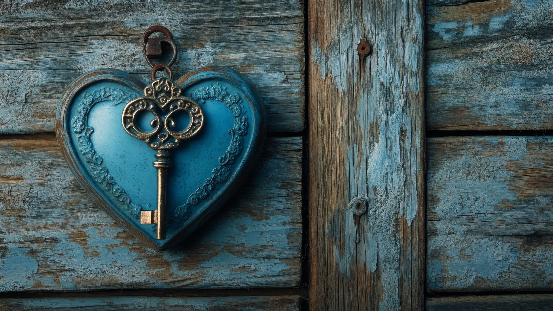 Vintage blue heart-shaped lock and ornate key on rustic wooden background
