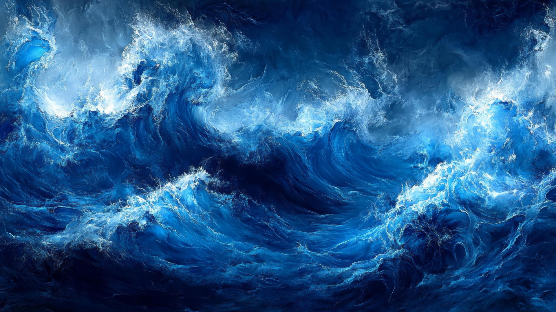 Royal blue wallpaper featuring powerful ocean waves with white foam